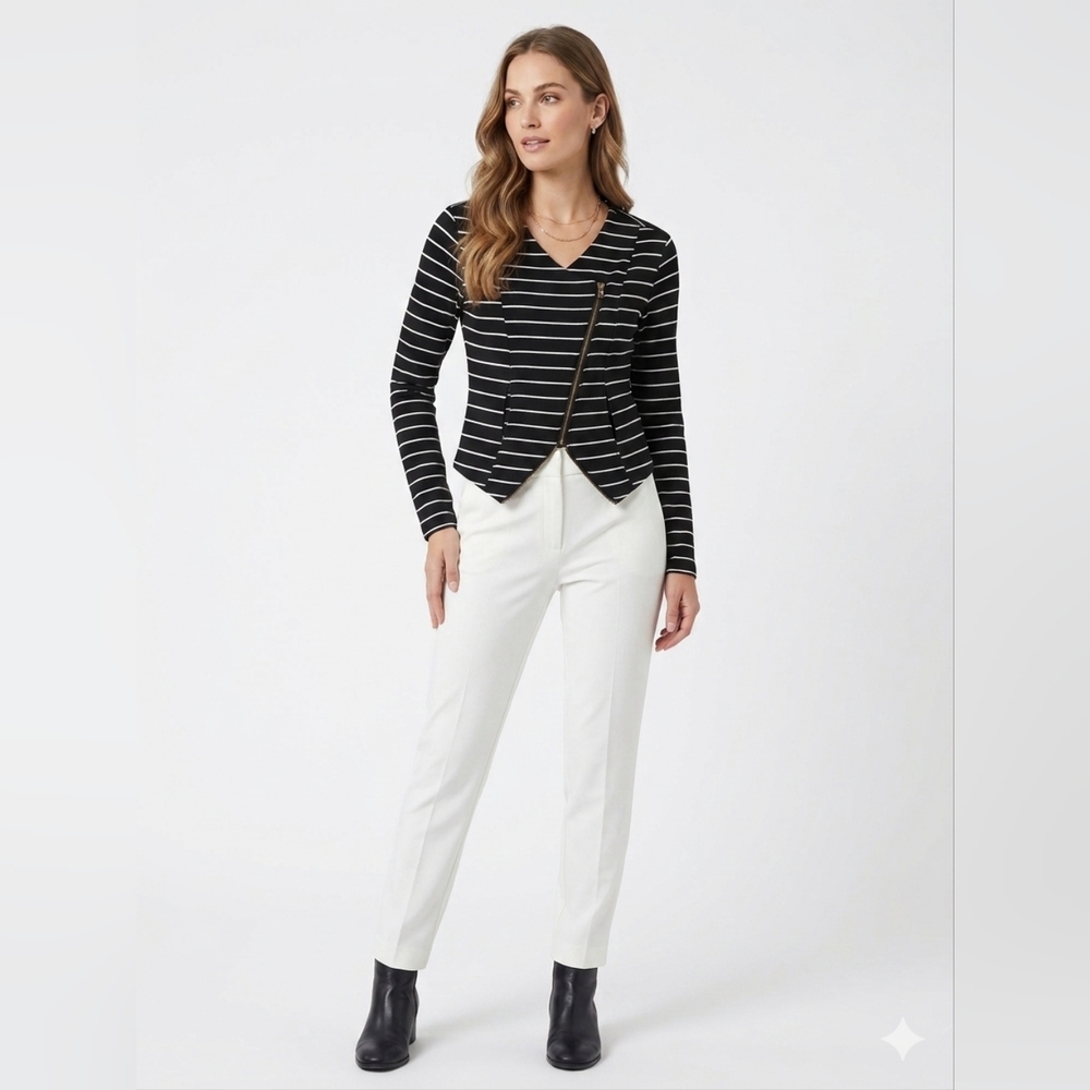 Chance or Fate Black & White Striped Asymmetrical Zip Blazer